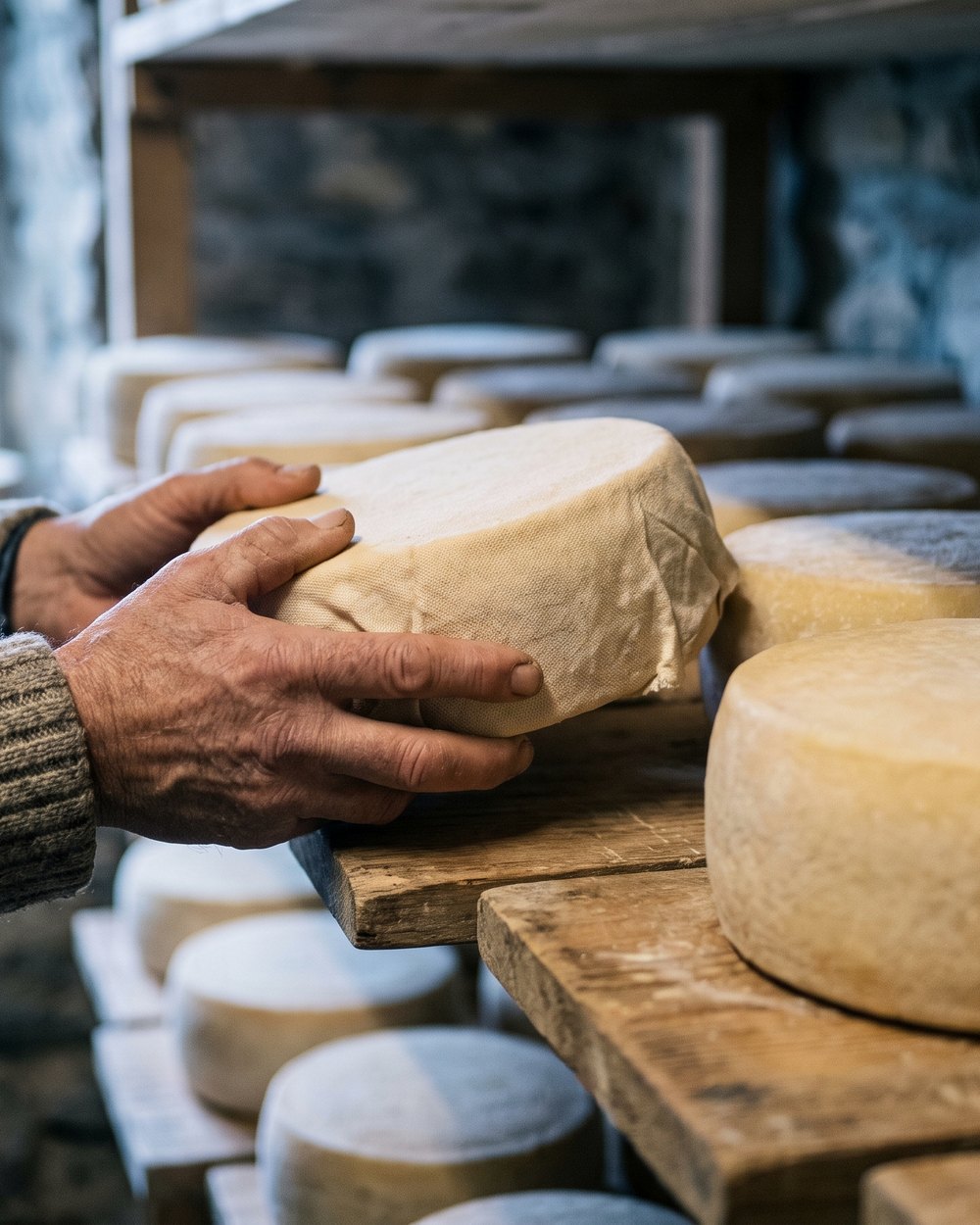 An Irish cheesemaker lifting a wheel of farmhouse cheese from a maturing shelf